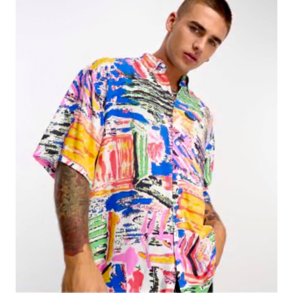 ASOS Boxy Oversized Button Shirt Mens Size Medium Colorful Vintage-Inspired
